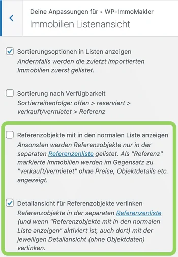 WP-ImmoMakler Customizer - Einstellungen für Referenzobjekte