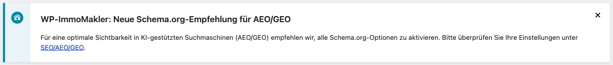 Admin-Hinweis WP-ImmoMakler: Neue Schema.org-Empfehlung für AEO/GEO mit Link zum Tab SEO/AEO/GEO