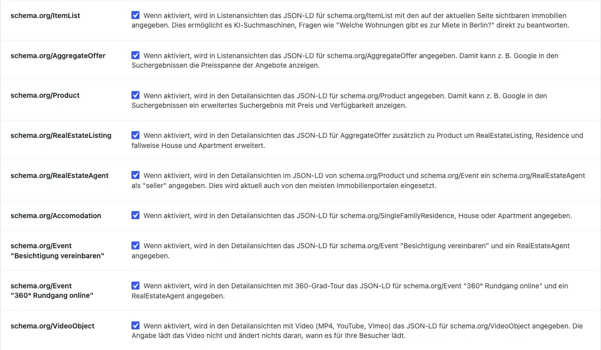 Tab SEO/AEO/GEO mit den Checkboxen für alle schema.org-Ausgaben von ItemList bis VideoObject