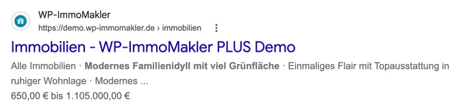 Resultado de búsqueda de Google de una vista de lista de inmuebles de WP-ImmoMakler con el rango de precios marcado