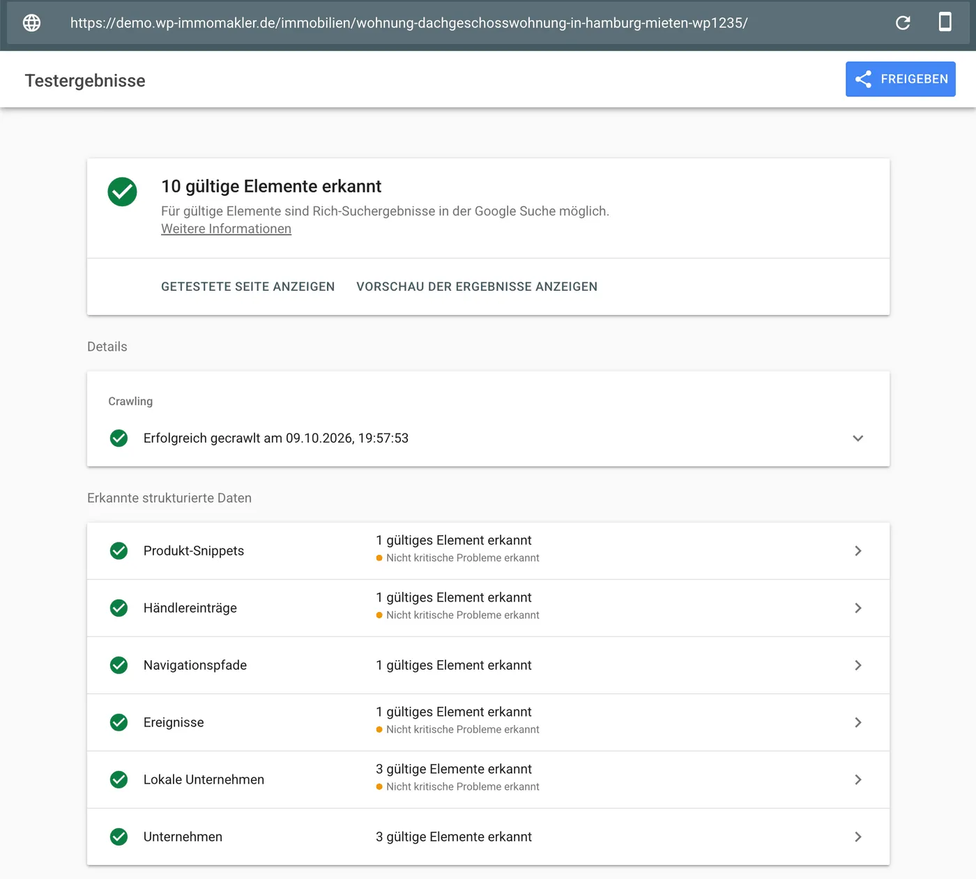 Ergebnis des Google Rich Results Tests für eine Immobilien-Detailseite mit 10 gültigen Elementen, darunter Produkt-Snippets und Händlereinträge
