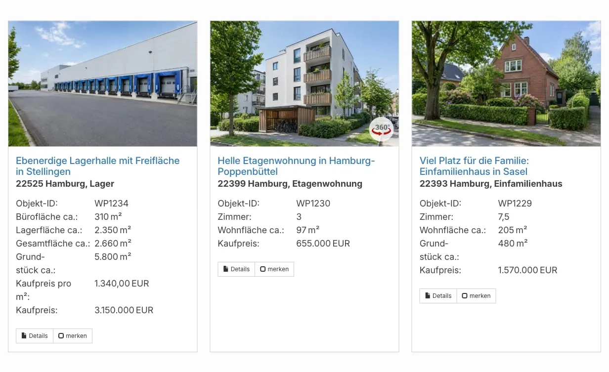 Per Shortcode eingebettete Immobilienliste mit drei Spalten im Frontend