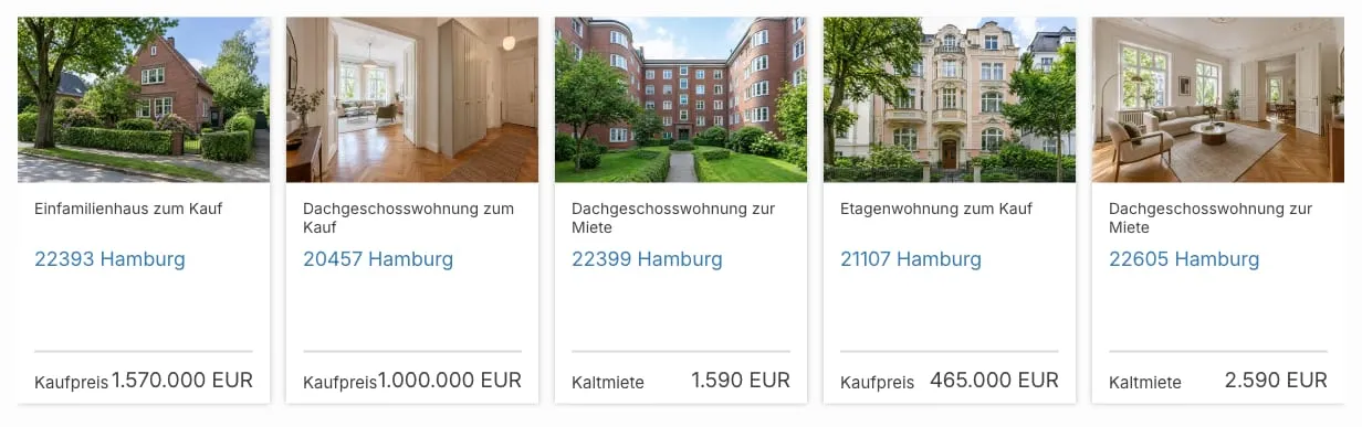 Per Shortcode eingebettetes Carousel mit fünf sichtbaren Immobilien