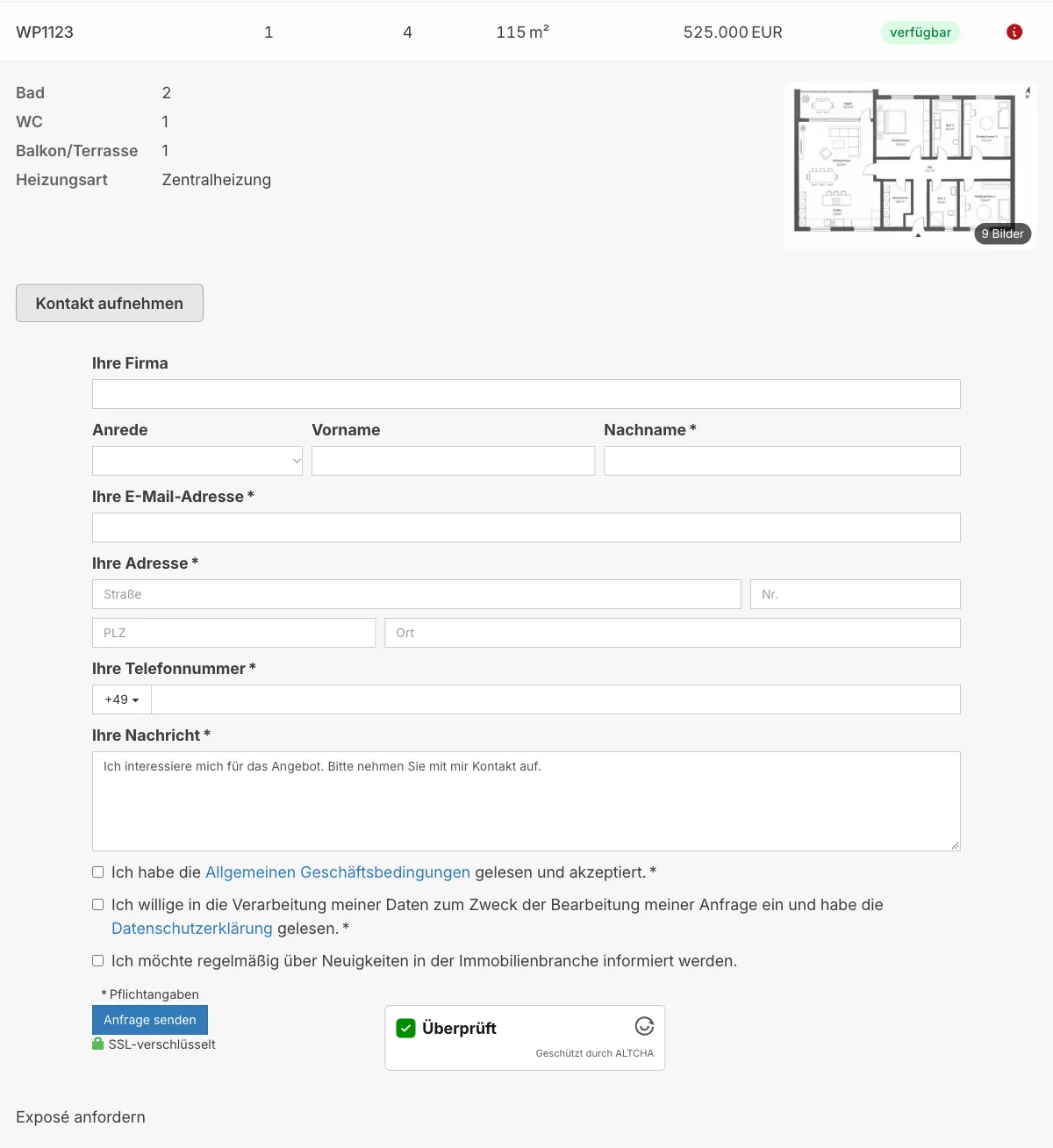 Aufgeklappte Detailzeile mit geöffnetem Kontaktformular der Einheit