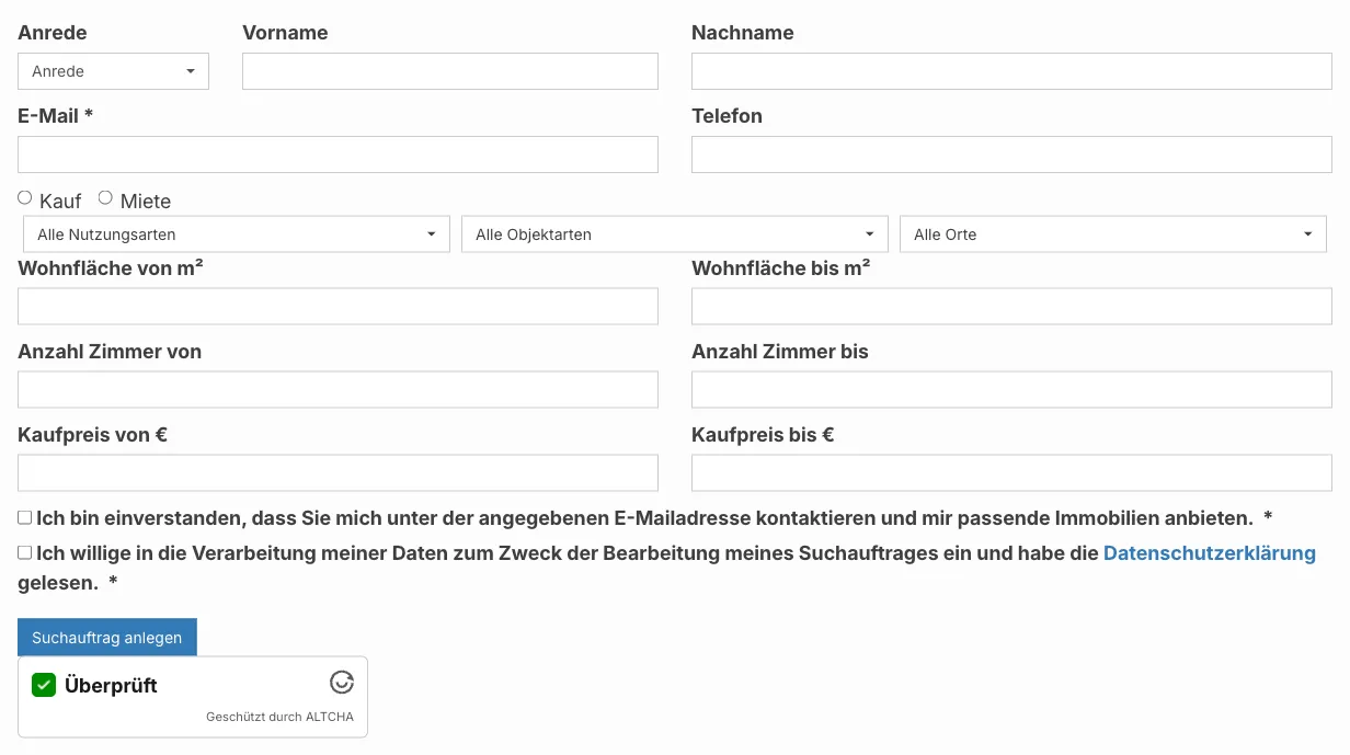 Vollständiges Suchauftrags-Formular im Frontend