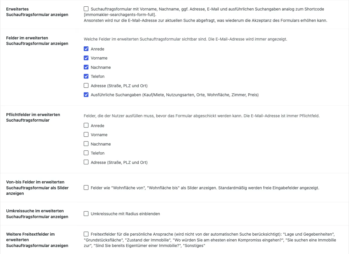 Tab Suchaufträge mit den Optionen für das erweiterte Suchauftragsformular: angezeigte Felder, Pflichtfelder, Slider, Umkreissuche und Freitextfelder
