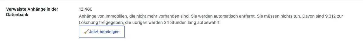 Zeile Verwaiste Anhänge in der Datenbank auf der Seite System Infos mit Anzahl, Erläuterung und dem Button Jetzt bereinigen (Beispielwerte)