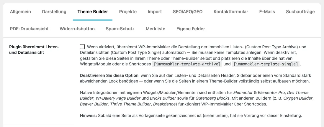 Tab Theme Builder in den WP-ImmoMakler-Einstellungen mit deaktivierter Option Plugin übernimmt Listen- und Detailansicht