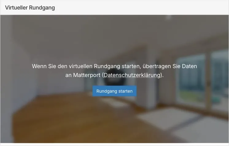 Bereich Virtueller Rundgang der Detailansicht mit einer Matterport-Tour hinter der Einwilligungsabfrage und dem Button Rundgang starten