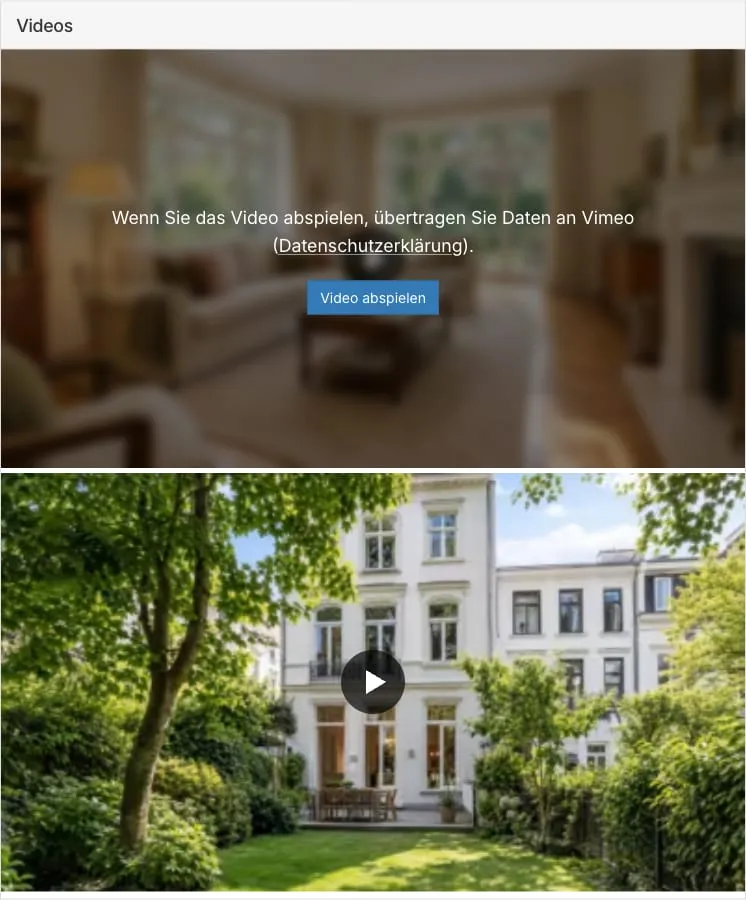 Videos-Bereich der Detailansicht mit zwei Kacheln: oben ein Vimeo-Video mit Einwilligungsabfrage, unten ein freigeschaltetes YouTube-Video mit Play-Button