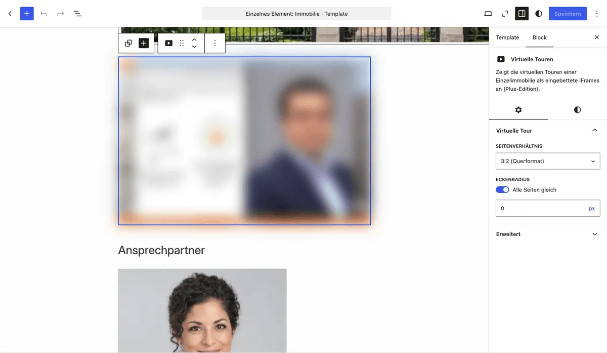 Editor de bloques con el bloque Tours virtuales insertado y el panel de inspector abierto