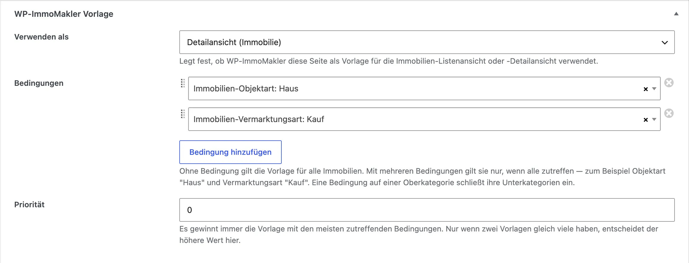 Bereich WP-ImmoMakler Vorlage im Seiteneditor: Verwenden als Detailansicht, Bedingungen Objektart Haus und Vermarktungsart Kauf