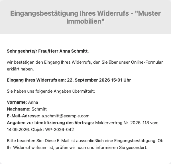 Automatische Eingangsbestätigung des Widerrufs per E-Mail beim Verbraucher