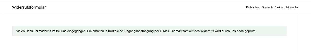 Eingangsbestätigung des Widerrufs im Frontend nach dem Absenden