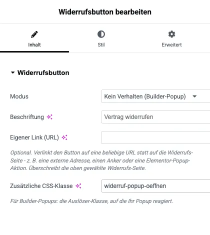 Elementor-Widget Widerrufsbutton mit dem Modus Kein Verhalten (Builder-Popup) und der Auslöser-Klasse widerruf-popup-oeffnen