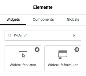 Elementor-Widgetauswahl mit den Widgets Widerrufsbutton und Widerrufsformular