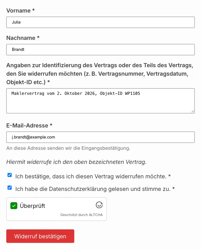 Ausgefülltes Widerrufsformular im Frontend mit bestätigten Checkboxen (Beispieldaten)