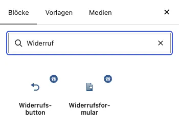 Block-Inserter mit den Blöcken Widerrufsbutton und Widerrufsformular