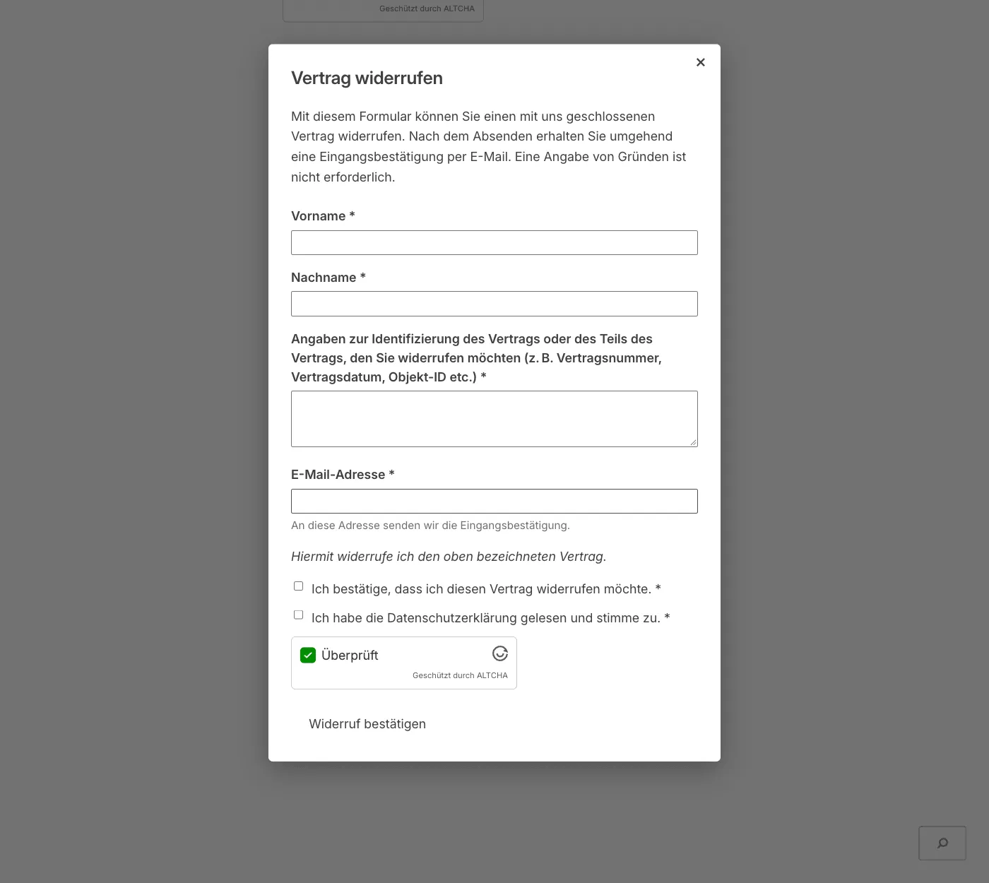 Widerrufsformular im Overlay über der Seite