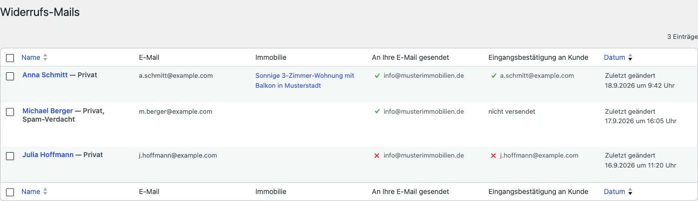 Listenansicht der gespeicherten Widerrufs-Mails mit Spalten für Empfängeradresse und Sendestatus
