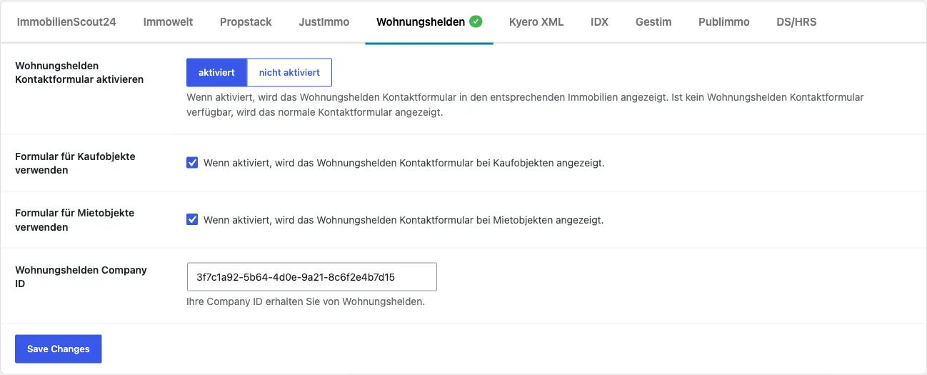 Ajustes de Wohnungshelden con el formulario de contacto activado, ambos tipos de comercialización activos y la Company ID introducida