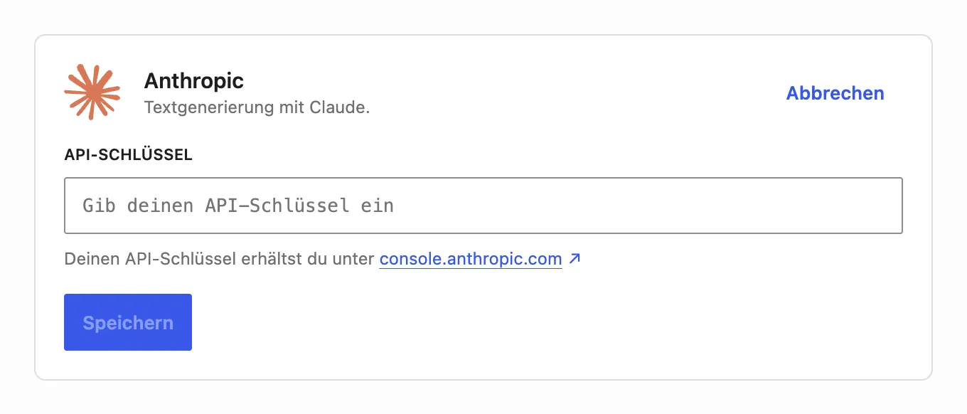 Vista de detalle del conector de Anthropic con campo de entrada para la clave de API