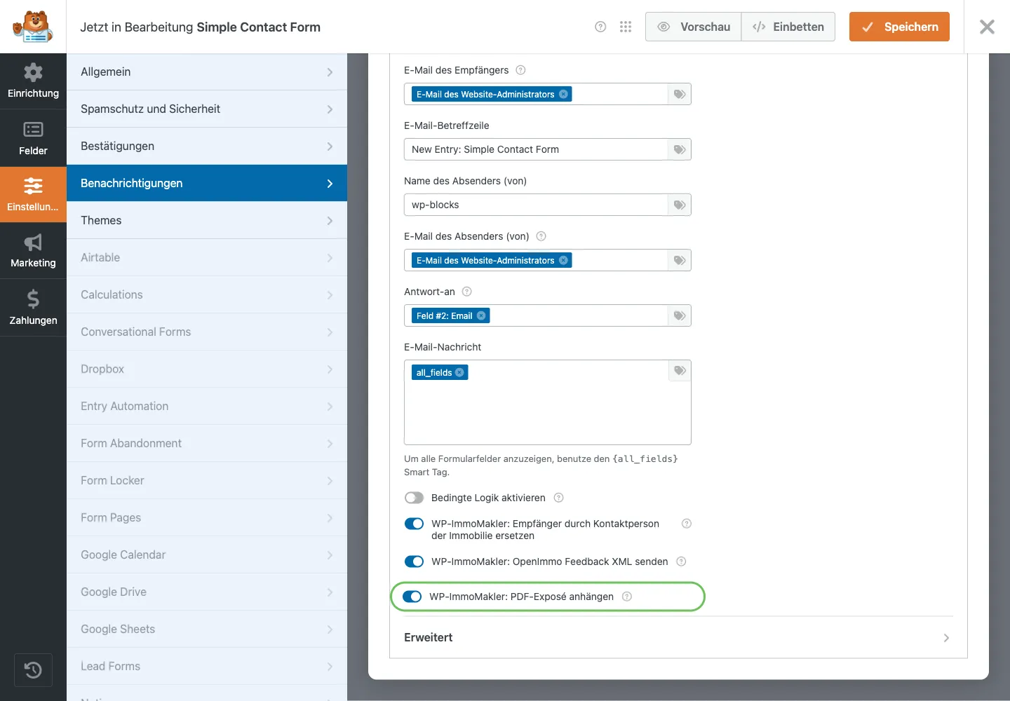 Interruptor 'WP-ImmoMakler: Adjuntar exposé en PDF' en el bloque de notificación de WPForms